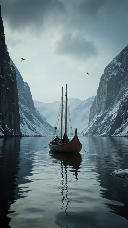 digital artwork depicting a serene yet dramatic Nordic-inspired scene. At the center of the image, a sleek, longship with a curved prow and two tall, slender masts sails through a narrow fjord. The ship is painted in a deep, rich brown, with intricate carvings along its sides. The boat is occupied by a lone figure, dressed in a simple, dark robe, their face partially obscured by the shadows.The fjord is flanked by towering, snow-covered cliffs on either side, their jagged edges and rough textures accentuated by the soft, diffused light. The sky above is overcast with a thick layer of clouds, casting a cool, bluish-gray hue over the entire scene. A few birds are scattered across the sky, adding a sense of movement and life to the otherwise still environment. The water below the ship is calm, reflecting the shadows of the cliffs and the ship, creating a mesmerizing, almost ethereal effect.The overall mood of the image is one of tranquility and isolation, enhanced by the subdued color palette and the serene, almost dreamlike atmosphere. The detailed textures and realistic lighting contribute to the immersive quality of the artwork.,aidmaimageupgrader, aidmaMJ6.1 <lora:aidmaImageUprader-FLUX-v0.3:0.4> <lora:aidmaMJ6.1-FLUX-v0.5:0.7>