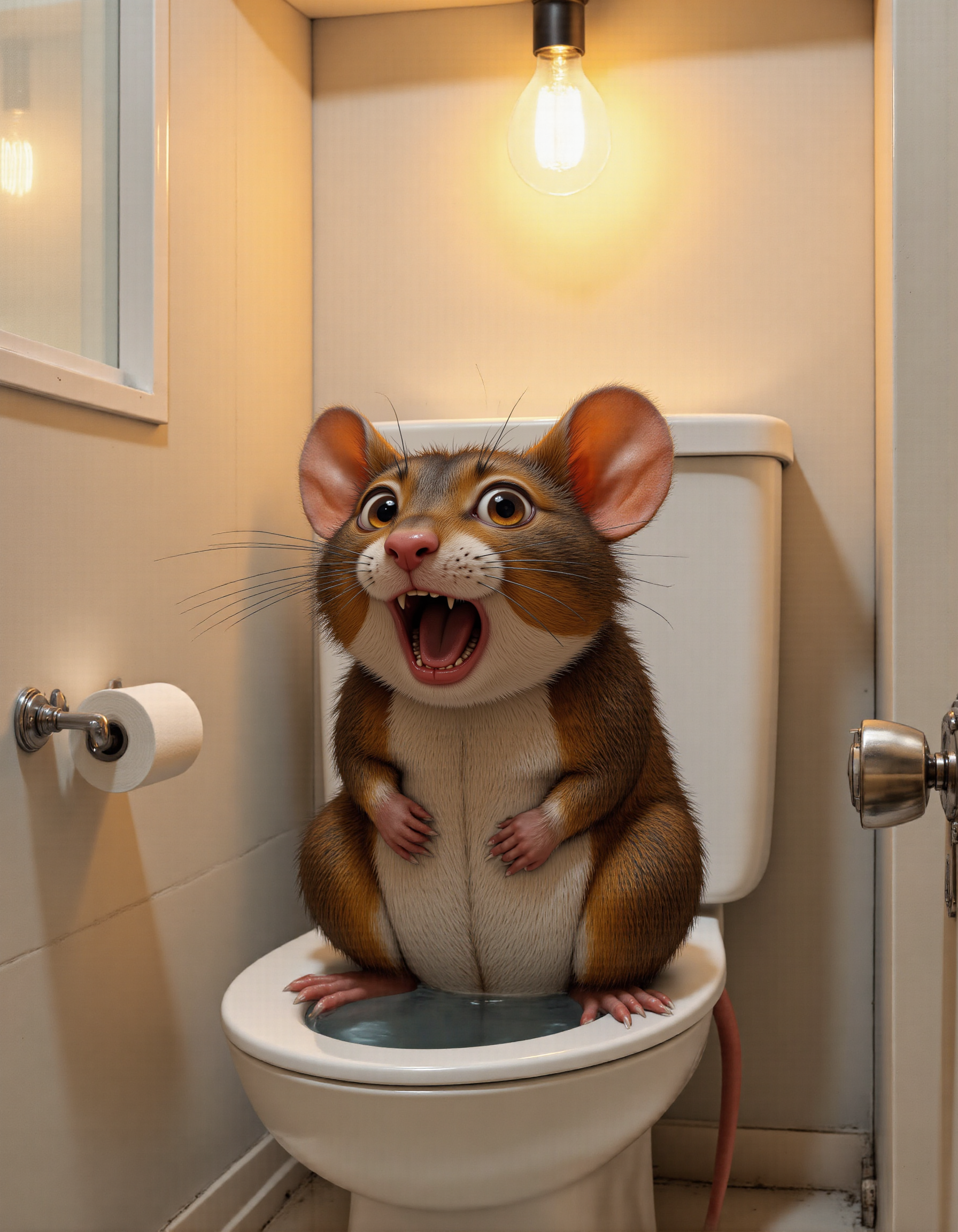 <lora:funnys:1>, A photorealistic anthropomorphic mouse sitting on a porcelain toilet in a small, modern bathroom, rendered with meticulous attention to detail. The mouse is mid-action, clearly in the process of defecating, with its posture and expression conveying both effort and focus. Its small paws grip the edges of the toilet seat tightly, knees slightly raised, and tail curling downward behind it, adding anatomical clarity to the situation. The pose is natural yet exaggerated enough to emphasize the comedic tension of the moment., 
The mouse's fur is incredibly lifelike, featuring individual strands that vary in length, thickness, and direction, creating a soft, tactile appearance. Subtle color variationsârich browns, warm grays, and hints of cream around the belly and cheeksâadd depth and realism. Fine shading and highlights emphasize the texture, making the fur look almost touchable. Tiny imperfections, such as slightly uneven patches or stray hairs sticking out at odd angles, enhance the authenticity., 
The mouse's eyes are wide and bulging dramatically due to the strain, capturing an intense mix of effort and panic. The irises are richly detailed, with intricate patterns resembling real rodent eyesâdark centers fading into lighter rings near the edges. Reflective glints of light from the bathroom lighting create a wet, glossy sheen, giving them a hyper-realistic appearance. Veins are faintly visible in the whites of its eyes, adding to the tension-filled expression., 
Its whiskers are long, delicate, and slightly curved, catching the light in a way that makes them shimmer subtly. Each whisker is distinct, tapering finely at the ends, and they quiver backward ever so slightly due to the mouse's strained posture, conveying both tension and vulnerability. Some whiskers have tiny bends or kinks, mimicking the natural irregularities found in real mice., 
The bathroom setting is richly detailed: crisp white tiles with faint grout lines, a shiny chrome toilet paper holder with a partially used roll, and a small sink reflecting soft ambient light. Above the scene, a bare light bulb hangs from the ceiling on a thin black cord, casting a warm, golden glow over the room. The bulb is slightly tilted, with visible filaments inside, and the cord sways gently as if disturbed by a recent movement. The light creates soft shadows on the walls and floor, adding depth and dimension to the space. A glowing window lets in diffused daylight, complementing the artificial light and highlighting the mouseâs fur and whiskers with gentle backlighting., 
To make the action clear, subtle visual cues are included: a faint mist rising from the water in the toilet bowl, and the mouseâs tail positioned slightly away from its body, indicating the ongoing process. The composition focuses on the mouse as the central subject while maintaining balance with the environment. Cinematic lighting enhances the textures of the scene, emphasizing the contrast between the smooth porcelain and the mouseâs velvety fur., 
Style: Photorealistic with cinematic lighting, vibrant yet natural colors, and meticulous attention to every detail, especially the fur, eyes, whiskers, and environmental elements. The overall mood balances humor and relatability, creating a whimsical yet grounded depiction of this absurd yet endearing moment.
