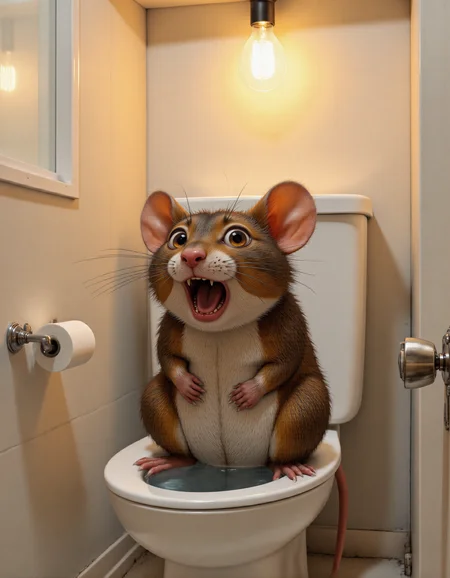 <lora:funnys:1>, A photorealistic anthropomorphic mouse sitting on a porcelain toilet in a small, modern bathroom, rendered with meticulous attention to detail. The mouse is mid-action, clearly in the process of defecating, with its posture and expression conveying both effort and focus. Its small paws grip the edges of the toilet seat tightly, knees slightly raised, and tail curling downward behind it, adding anatomical clarity to the situation. The pose is natural yet exaggerated enough to emphasize the comedic tension of the moment., 
The mouse's fur is incredibly lifelike, featuring individual strands that vary in length, thickness, and direction, creating a soft, tactile appearance. Subtle color variationsârich browns, warm grays, and hints of cream around the belly and cheeksâadd depth and realism. Fine shading and highlights emphasize the texture, making the fur look almost touchable. Tiny imperfections, such as slightly uneven patches or stray hairs sticking out at odd angles, enhance the authenticity., 
The mouse's eyes are wide and bulging dramatically due to the strain, capturing an intense mix of effort and panic. The irises are richly detailed, with intricate patterns resembling real rodent eyesâdark centers fading into lighter rings near the edges. Reflective glints of light from the bathroom lighting create a wet, glossy sheen, giving them a hyper-realistic appearance. Veins are faintly visible in the whites of its eyes, adding to the tension-filled expression., 
Its whiskers are long, delicate, and slightly curved, catching the light in a way that makes them shimmer subtly. Each whisker is distinct, tapering finely at the ends, and they quiver backward ever so slightly due to the mouse's strained posture, conveying both tension and vulnerability. Some whiskers have tiny bends or kinks, mimicking the natural irregularities found in real mice., 
The bathroom setting is richly detailed: crisp white tiles with faint grout lines, a shiny chrome toilet paper holder with a partially used roll, and a small sink reflecting soft ambient light. Above the scene, a bare light bulb hangs from the ceiling on a thin black cord, casting a warm, golden glow over the room. The bulb is slightly tilted, with visible filaments inside, and the cord sways gently as if disturbed by a recent movement. The light creates soft shadows on the walls and floor, adding depth and dimension to the space. A glowing window lets in diffused daylight, complementing the artificial light and highlighting the mouseâs fur and whiskers with gentle backlighting., 
To make the action clear, subtle visual cues are included: a faint mist rising from the water in the toilet bowl, and the mouseâs tail positioned slightly away from its body, indicating the ongoing process. The composition focuses on the mouse as the central subject while maintaining balance with the environment. Cinematic lighting enhances the textures of the scene, emphasizing the contrast between the smooth porcelain and the mouseâs velvety fur., 
Style: Photorealistic with cinematic lighting, vibrant yet natural colors, and meticulous attention to every detail, especially the fur, eyes, whiskers, and environmental elements. The overall mood balances humor and relatability, creating a whimsical yet grounded depiction of this absurd yet endearing moment.