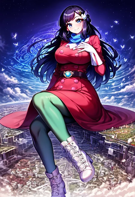 gorgeous lips, cinematic, (masterpiece), (best quality), (ultra-detailed), very aesthetic, perfect composition, intricate details, absurdres, detailed face, (anime, masterpiece, intricate:1.3), (best quality, hires textures, high detail:1.2), score_9, score_8_up, score_7_up, source_anime, 1girl, pokemon dawn, black hair, blue eyes, sidelocks, long hair, eyelashes, hair ornament, scarf, dress, red dress, long sleeves, buttons, gloves, white gloves, belt, pantyhose, green pantyhose, laced heels, white footwear, skirt, flower patterns, alternate_costume, butterflies, massive breasts, facial expression, kind, soft eyes, head tilt, slightly smiling, closed mouth, hand on breasts, goddess, planet size, giantess, enormous body, growing even bigger, larger than cities, towering over cities, small planet, sitting on a the floor, floating object, gradient eyes, beautiful detailed eyes, city background, city, building, skyscrapers, in the city, surrounded by buildings, holding planet, (masterpiece:1.4), (best quality:1.4), (ultra-detailed:1.2), gl0w, glow,