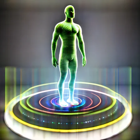 hologrameffect, a man standing on a circular platform with a glowing body,<lora:hologram_effect:1>