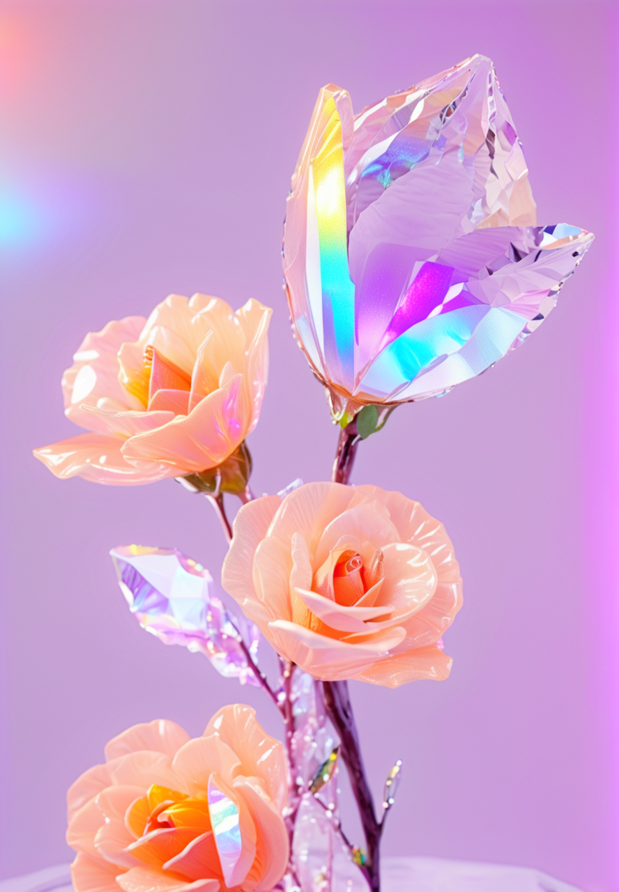 <lora:xl-holographic-å¨æ¯V20:0.85>,holographic,rose,yuri,bouquet,wisteria,glowing,clear glass,no humans,flower,simple background,glowing,no humans,flower,simple background,crystal peach blossom,translucent flower,there are 3 kinds of translucent flowers with violet and peach blossom,
