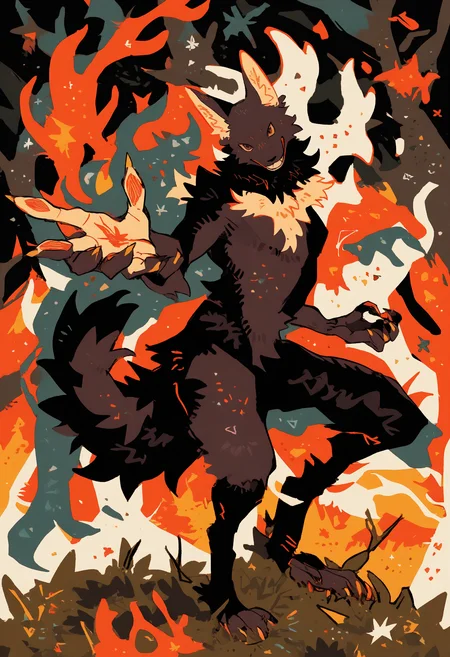 male, solo, anthro, digitigrade, (fur), fluffy fur, canine, 5 fingers, claws, pose, 4 toes, black fur, claws, teeth, smile, looking at viewer, pose, outside, forest, brown eyes, BREAK masterpiece, best quality, newest, high quality, very aesthetic, very awa, <lora:Negiwasa Style:1> negiwasa, abstract, abstract background, colorful theme,
