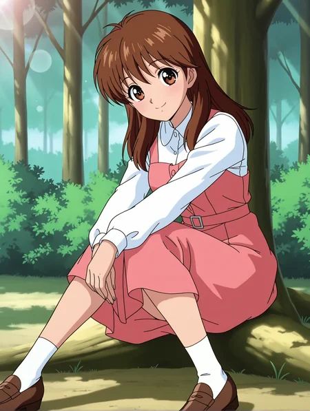masterpiece,best quality,newest,
1girl,solo,
anime screencap,<lora:yukimura_keiko_ilxl_v1.1:0.9>,y_keiko,brown eyes,bangs,brown hair,
long_sleeves,socks,loafers,
<lora:Fixhands_anime_bdsqlsz_V1:1>,lens_flare,smile,white shirt,pink dress,brown footwear,knees_together_feet_apart,sitting,tree,nature,lawn,looking_at_viewer,long hair,front view,