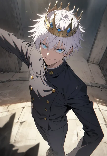 score_9, score_8_up, score_7_up, score_6_up, masterpiece, best quality, absurdres, cinematic, dynamic angle, perfect composition, solo, 1boy, gojou satoru, blue eyes, white hair, crown on head, round sunglasses, jacket, black jacket, gakuran, school uniform, high collar, smirk, standing, looking at viewer,