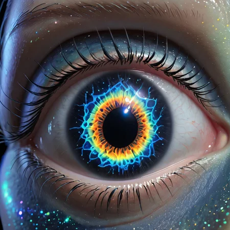 biolumen, detailed eye, iris, cornea, pupil, art, ,universe,luminous human eye, galaxy, night sky, BL4CK3STBL4CK, black_theme, matte_color, flat color