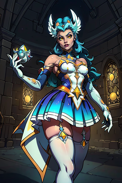 masterpiece,best quality,extreme detail,8k,image sharpness,<lora:lilith-10:0.8>,lilith2,1girl,solo,long hair,breasts,bangs,skirt,thighhighs,gloves,dress,bare shoulders,medium breasts,blue hair,yellow eyes,elbow gloves,indoors,white gloves,high heels,white thighhighs,zettai ryouiki,star guardian (league of legends),