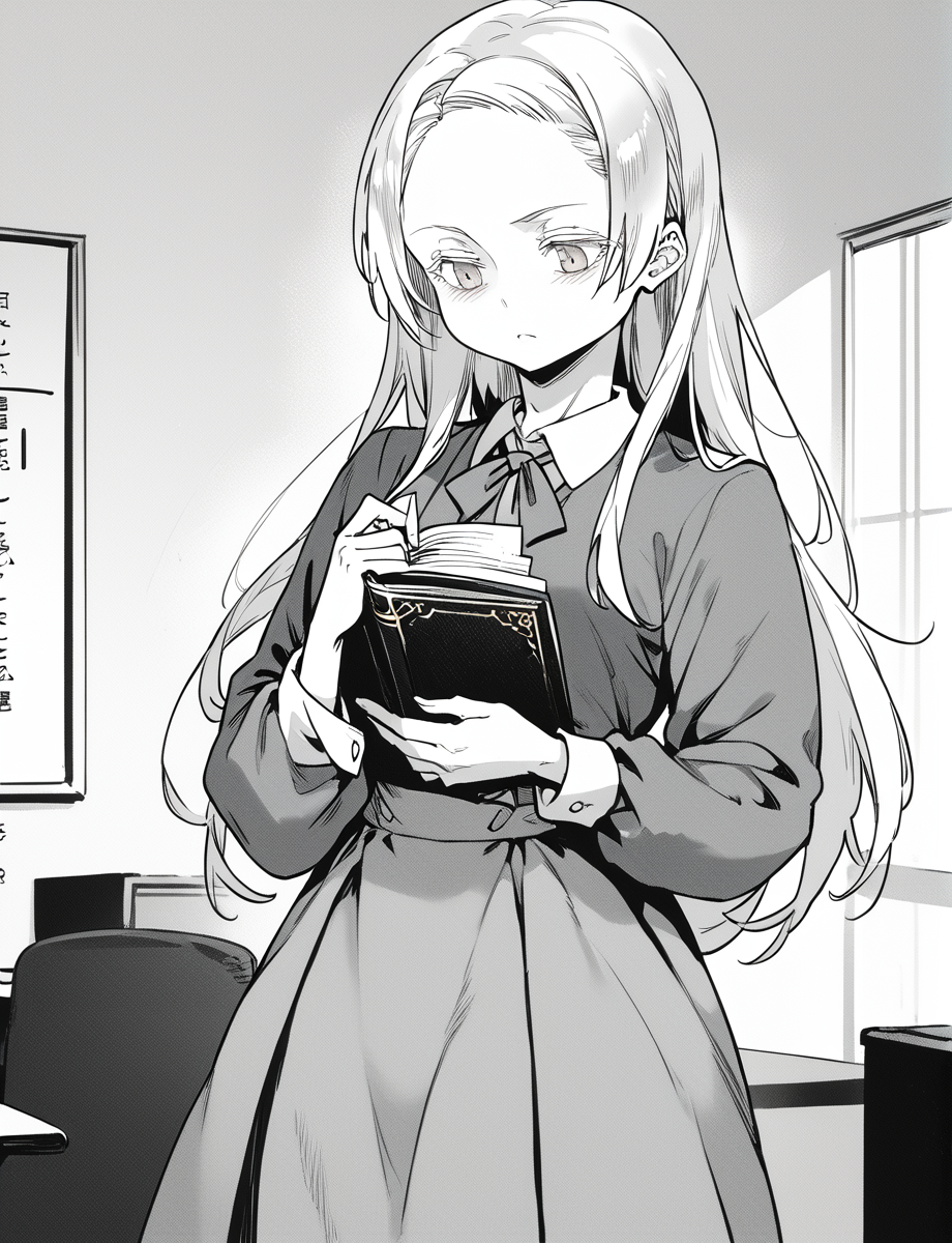 score_9, score_8_up, score_7_up, score_6_up, <lora:Jairou_Style:1.2>((yoshizaki_alice)) , teacher uniform, standing, reading book, long hair, white hair, monochrome