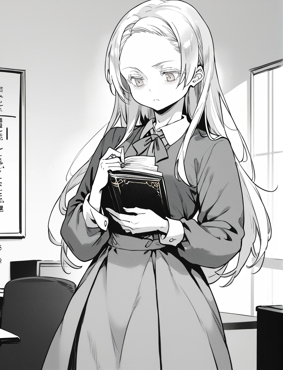 score_9, score_8_up, score_7_up, score_6_up, <lora:Jairou_Style:1.2>((yoshizaki_alice)) , teacher uniform, standing, reading book, long hair, white hair, monochrome