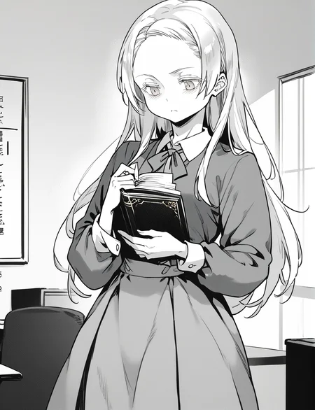 score_9, score_8_up, score_7_up, score_6_up, <lora:Jairou_Style:1.2>((yoshizaki_alice)) , teacher uniform, standing, reading book, long hair, white hair, monochrome