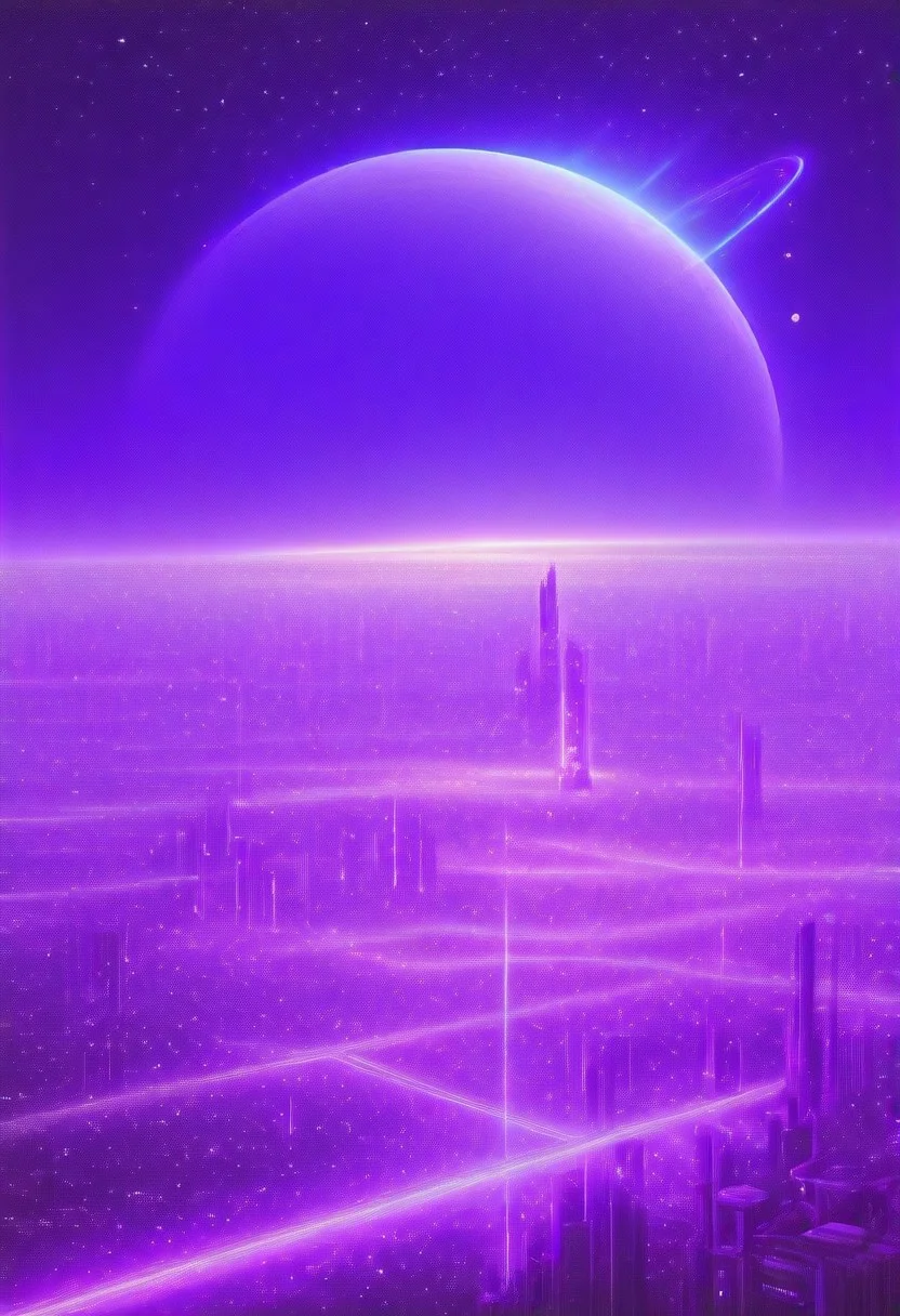 High quiality, high resolution, high definition,
Magical city with skyscrapers, a planet with purple colors and lines that emit white light surrounded by a planet ring, with the view from behind a cat looking towards the city, citybkg, anime style, high ilumination, galaxy sky, calid colours, spacial station