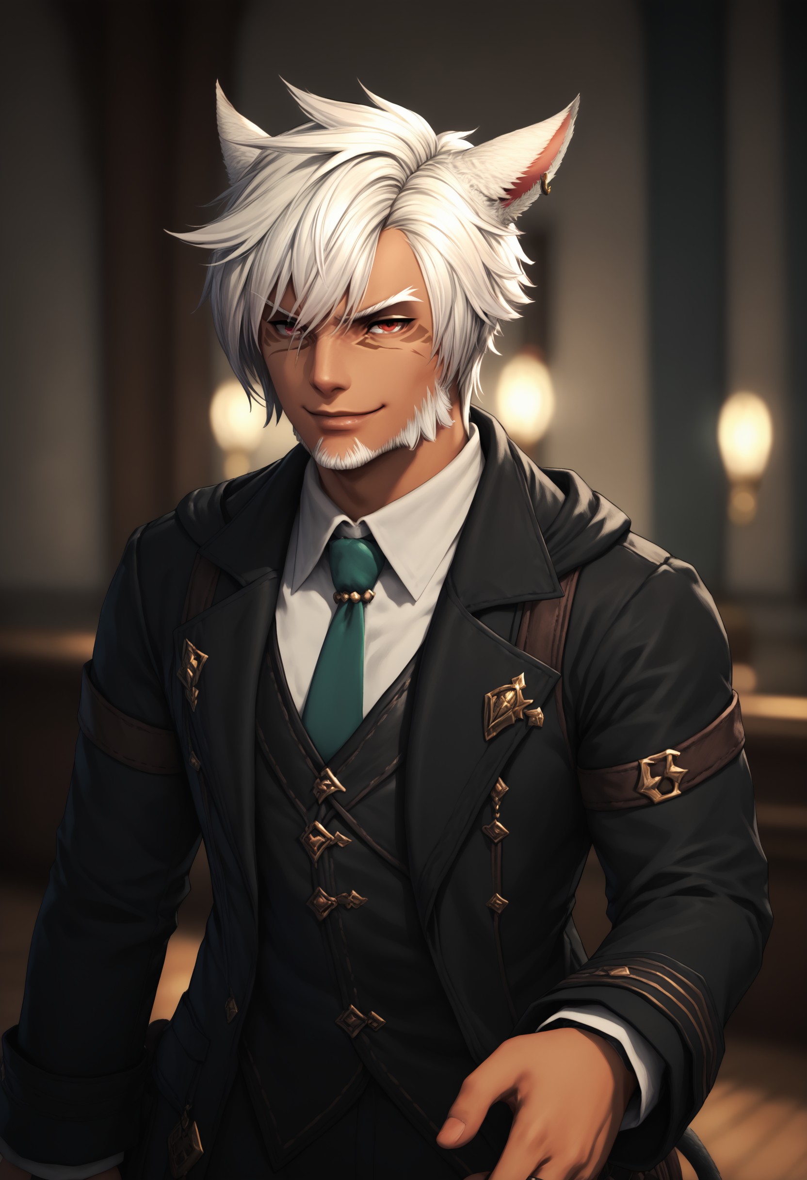 score_9, score_8_up, score_7_up, score_6_up, score_5_up, 3KK4T14, 1boy, animal ears, red eyes, miqo'te, male focus, solo, facial hair, white hair, blurry background,  cat ears, dark-skinned male, dark skin, earrings, jewelry, beard, necktie, facial mark, short hair, indoors, hand out, smirk, smoldering expression, <lora:05b4ee60-e7e4-4acf-8aa7-d7a6dc9f4242:0.7>