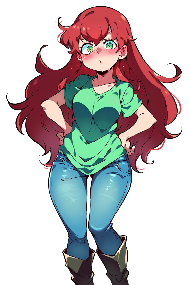 <lora:JCM2:1>, score_9, score_8_up, score_7_up, score_6_up, score_5_up, rating_questionable, source cartoon
1girl, pretty face, pretty eyes, detailed eyes, HD eyes, thick thighs
hands on hips, standing, cowboy shot
looking at viewer, blush, eyebrows, long hair, red hair, green eyes jeans, green t-shirt, boots, high waisted jeans
simple background, white background