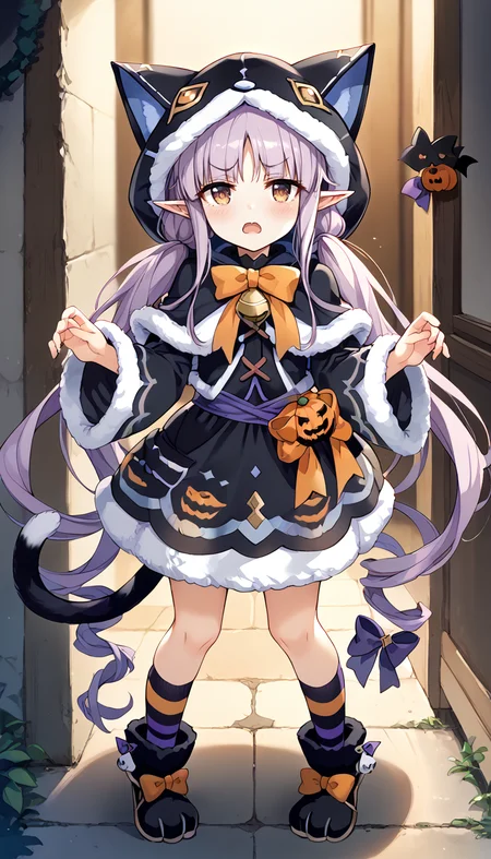 score_9,score_8_up,score_7_up,
official art,official style,game cg,megami magazine,
kyouka halloween,kyouka (halloween) (princess connect!),
animal ears,animal hood,bell,black capelet,black dress,
black footwear,black jacket,black skirt,blush,boots,bow,bowtie,brown eyes,capelet,cat ears,
cat hood,cat tail,dress,elf,fake animal ears,fur trim,fur-trimmed capelet,fur-trimmed dress,
fur-trimmed hood,fur-trimmed skirt,fur-trimmed sleeves,halloween,halloween costume,hood,hood up,
hooded capelet,kneehighs,kyoka (princess connect!),kyouka (halloween) (princess connect!),kyouka (princess connect!),
long hair,long sleeves,low twintails,open mouth,orange bow,paw shoes,pointy ears,purple bow,purple hair,
skirt,striped socks,tail,tail bow,tail ornament,twintails,very long hair,wide sleeves,yellow eyes,
1girl,solo,
standing,full body,
<lora:princess_connect_kyouka_pony_v1:1>,