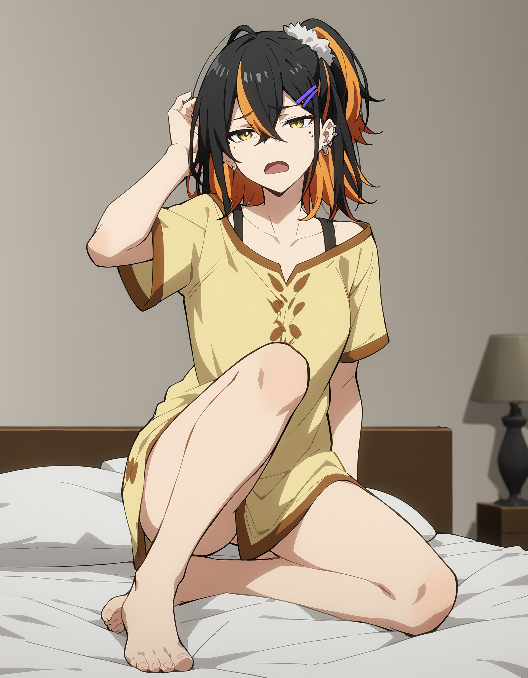 score_9,score_8_up,score_7_up,simple background,looking at viewer,full body,open mouth,pajamas,armpit cutout,thighs,bed,bedroom,
<lora:naina_pony:0.6>,naina,1girl,solo,black hair,multicolored hair,hairclip,hair ornament,yellow eyes,blonde hair,mole under eye,mole,ear piercing,collarbone,medium hair,hair between eyes,piercing,bangs,orange hair,streaked hair,two-tone hair,jewelry,anime screencap,<lora:Anime_Screencap:1>,sleepy,