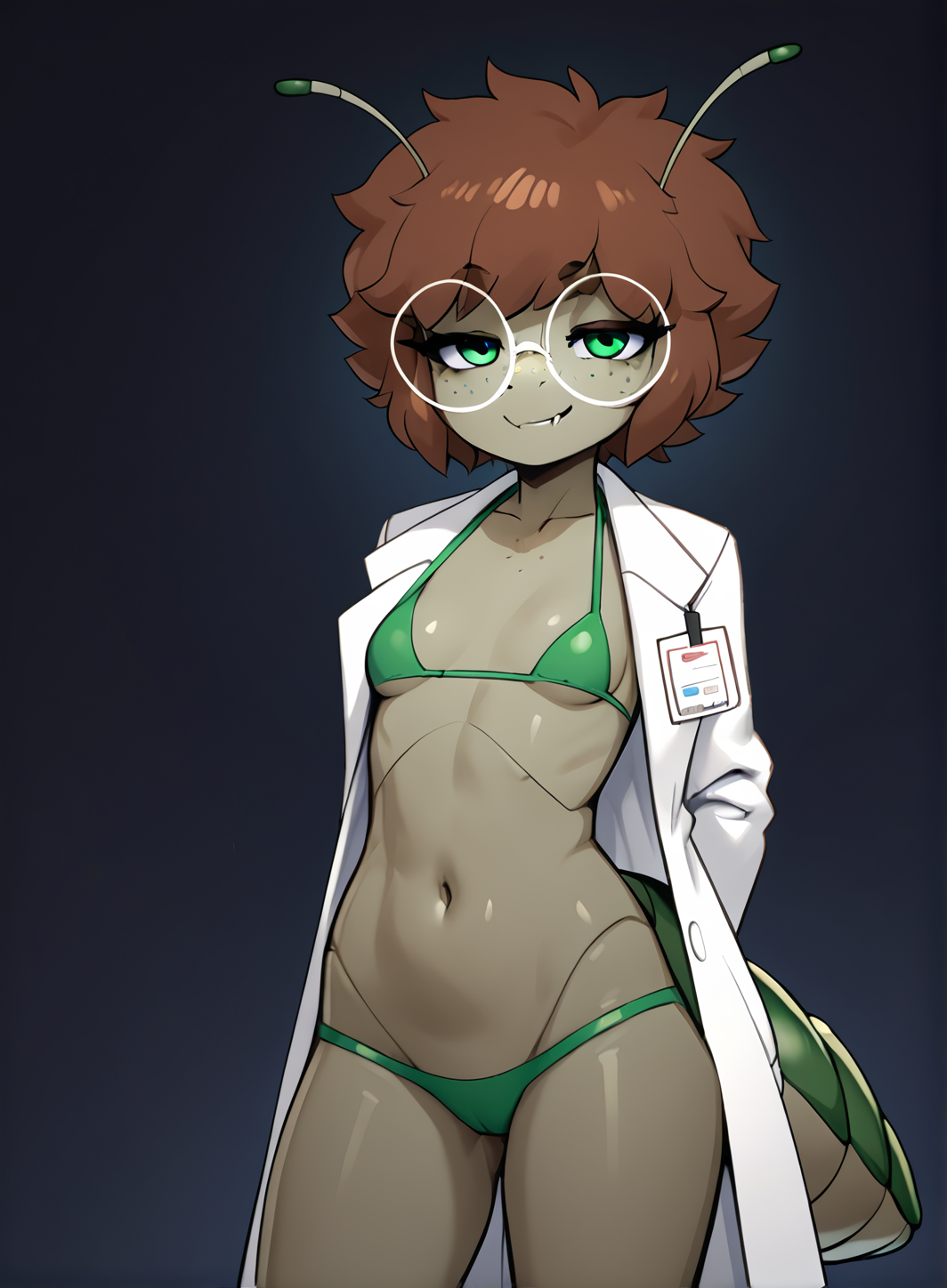 score_9, score_8_up, score_7_up, score_4_up, score_5_up, score_6_up,<lora:Bug_Girl:0.5>, arthropod girl, arthropod limbs, ((tail)), feelers, joints, <lora:Arthropod_Abdomen_V3:0.3> anthropomorphic insect, arthropod abdomen, brown hair, green eyes, freckles, body freckles, (navel),  petite, small breasts, colored skin, dark background, looking at viewer
loose clothes, open lab coat, glasses, dark green bikini, dark green bikini top, dark green bikini bottom,
(caring, (grinning smirking chuckling:1.1) , half closed eyes, arms behind back,  ), expressive pose,
standing, cowboy shot,
