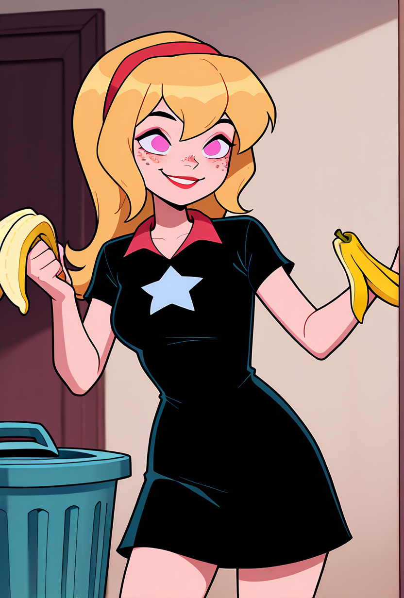 ((cartoon, screencap)), <lora:lucybig:1>, solo, lucybig, long hair, blonde hair, red hairband, pink eyes, lipstick, smile, short sleeves, star (symbol), short dress, black dress, freckles, dynamic pose, holding banana peel, hiding behind trash can,  prank,, masterpiece, best quality, amazing quality, very aesthetic, absurdres, newest,