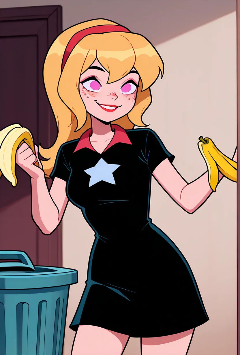 ((cartoon, screencap)), <lora:lucybig:1>, solo, lucybig, long hair, blonde hair, red hairband, pink eyes, lipstick, smile, short sleeves, star (symbol), short dress, black dress, freckles, dynamic pose, holding banana peel, hiding behind trash can, prank,, masterpiece, best quality, amazing quality, very aesthetic, absurdres, newest,
