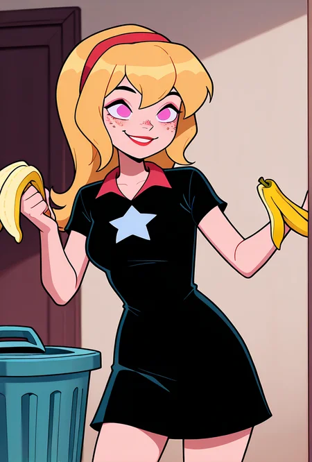 ((cartoon, screencap)), <lora:lucybig:1>, solo, lucybig, long hair, blonde hair, red hairband, pink eyes, lipstick, smile, short sleeves, star (symbol), short dress, black dress, freckles, dynamic pose, holding banana peel, hiding behind trash can,  prank,, masterpiece, best quality, amazing quality, very aesthetic, absurdres, newest,