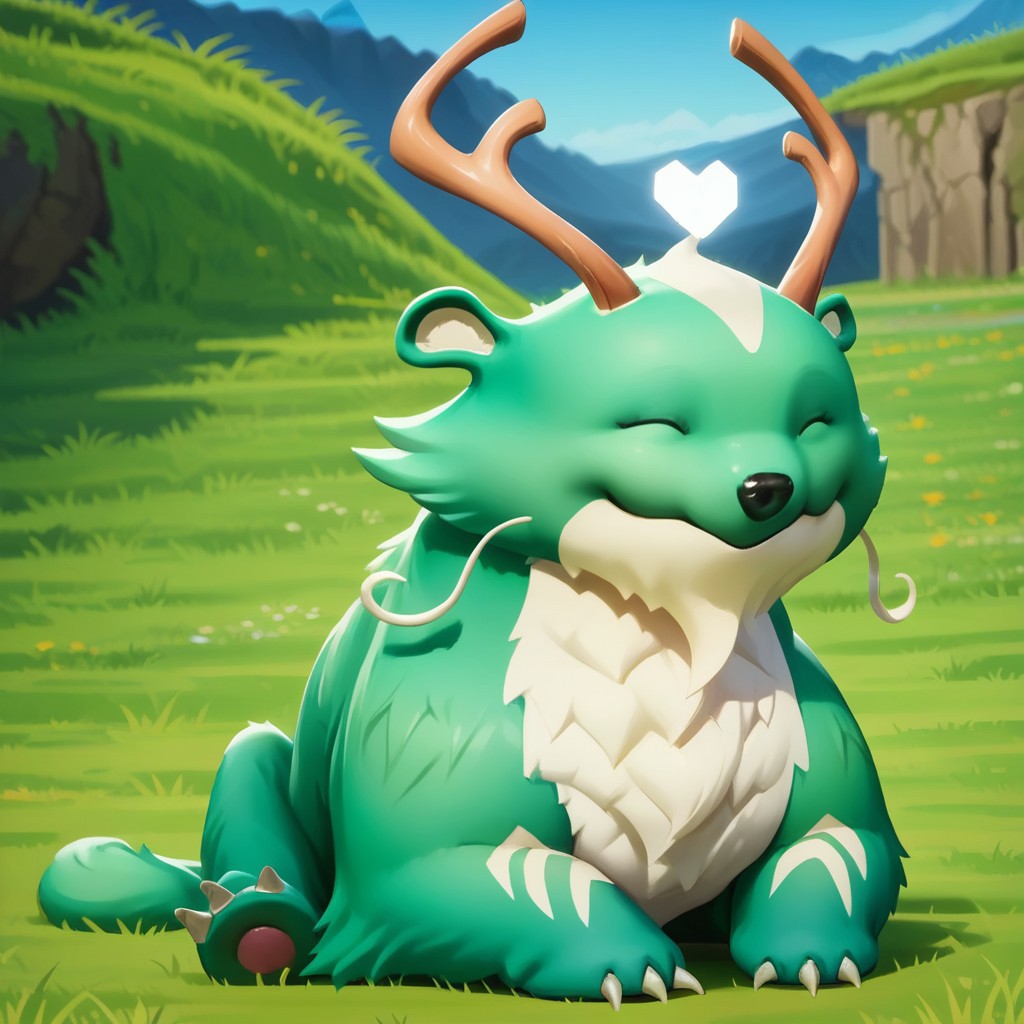 score_9, score_8_up, score_7_up, masterpiece, best quality, highly detailed, realistic, 1girl, solo, (ReindogMV, furry, feral, canine, reindeer, hybrid, antlers, eyes closed, floating heart, black nose, white inner ear, white whiskers, green body, green fur, white body, white fur, sitting, grass, sitting on grass), smile, closed mouth, Expressiveh, blue sky, detailed background, 3 toes, 3 fingers, claws, toe claws, (ultra realistic, 32k, masterpiece:1.2), (high detailed skin:1.1), (high quality:1.1)