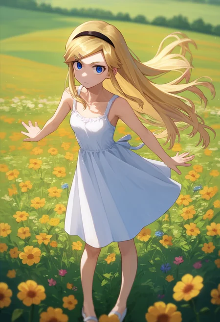 score_9, score_8_up, score_7_up, 1girl,  Kojikira, blonde hair, long hair, blue eyes, hairband, hairpin, sundress, flower field,  <lora:Akira-000008:1>