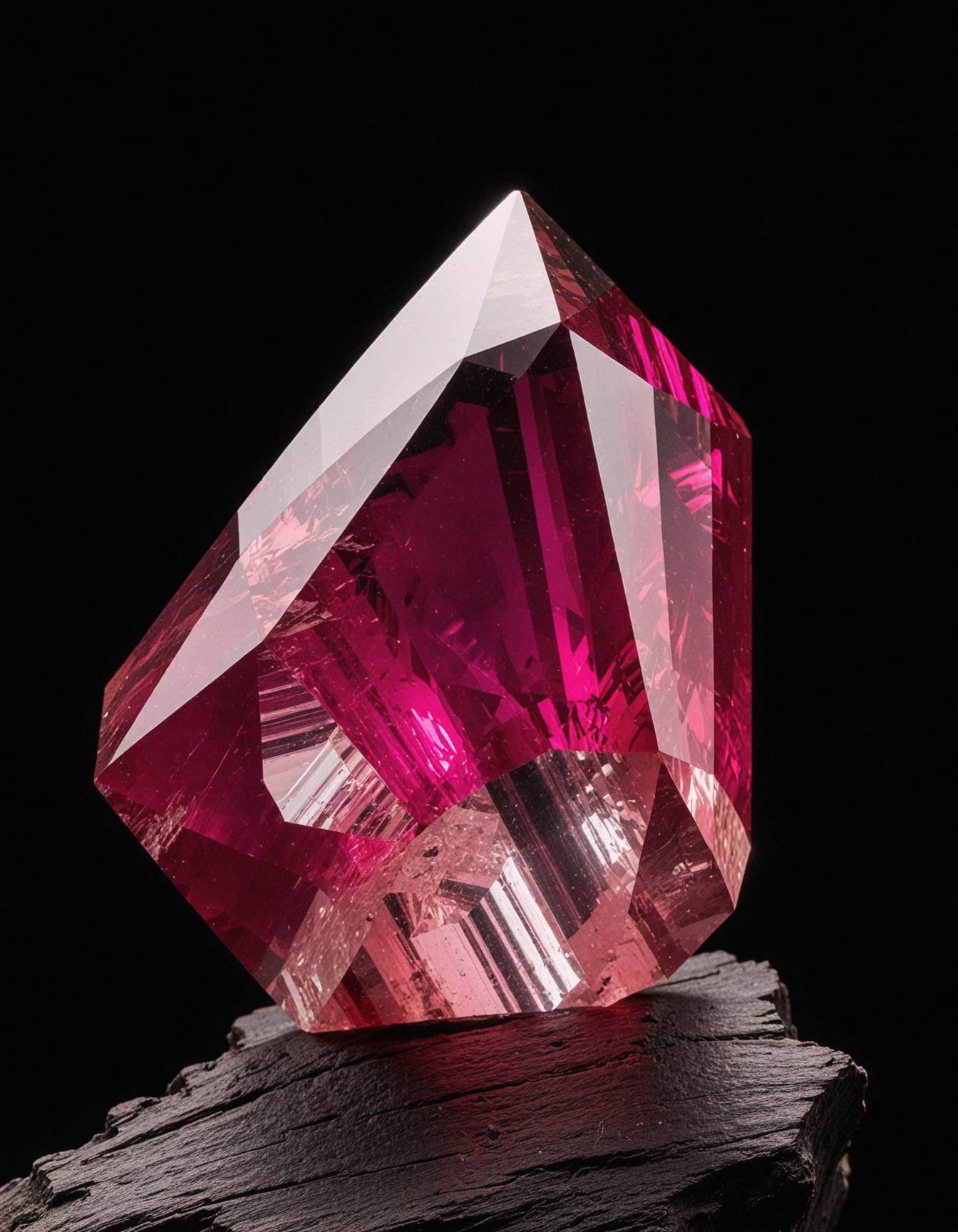 This photograph showcases a striking, vividly colored gemstone, likely a rhodochrosite, against a dark, almost black background that enhances its luminous quality. The gemstone is roughly triangular in shape and has a faceted, crystalline structure that reflects light, giving it a sparkling appearance. The primary color of the gemstone is a deep, rich magenta, with a gradient effect that transitions to a more transparent, glassy pink at its edges. The surface of the gemstone is smooth but also exhibits natural inclusions and imperfections that add to its authenticity and uniqueness.  The gemstone is perched atop a piece of dark, weathered wood, which provides a rustic, contrasting base that adds depth to the image. The lighting is carefully managed to create a dramatic effect; the upper part of the gemstone is brightly illuminated, while the lower part is more shadowed, which accentuates its three-dimensional form and the play of light on its facets. The overall composition is minimalistic, focusing solely on the gemstone, and the use of low-key lighting emphasizes its vibrant color and intricate details.    no_humans, glowing, gem, crystal, rock, dark, dark_background
