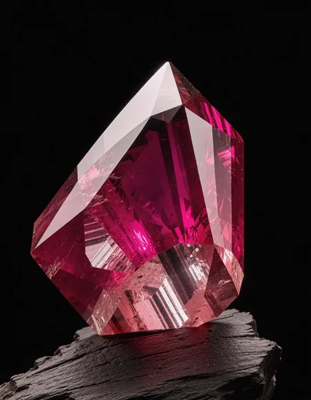 This photograph showcases a striking, vividly colored gemstone, likely a rhodochrosite, against a dark, almost black background that enhances its luminous quality. The gemstone is roughly triangular in shape and has a faceted, crystalline structure that reflects light, giving it a sparkling appearance. The primary color of the gemstone is a deep, rich magenta, with a gradient effect that transitions to a more transparent, glassy pink at its edges. The surface of the gemstone is smooth but also exhibits natural inclusions and imperfections that add to its authenticity and uniqueness. The gemstone is perched atop a piece of dark, weathered wood, which provides a rustic, contrasting base that adds depth to the image. The lighting is carefully managed to create a dramatic effect; the upper part of the gemstone is brightly illuminated, while the lower part is more shadowed, which accentuates its three-dimensional form and the play of light on its facets. The overall composition is minimalistic, focusing solely on the gemstone, and the use of low-key lighting emphasizes its vibrant color and intricate details. no_humans, glowing, gem, crystal, rock, dark, dark_background