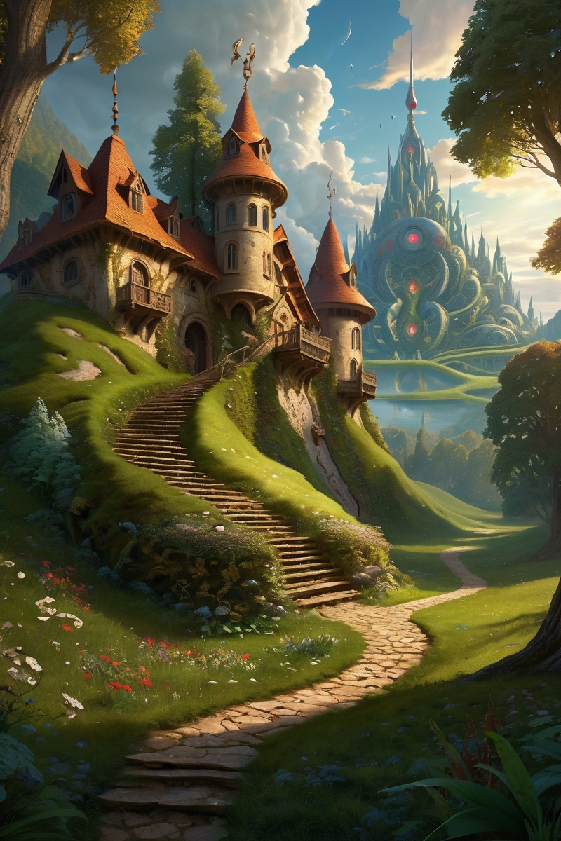 abandoned elf village in forest, faded murals, earth-serpent mound complexes where sacred geometry earthworks channel root energy, maintained by sacred geometry ant colonies, cinematic view, epic sky, detailed, concept art, low angle, high detail, warm lighting, volumetric, godrays, vivid, beautiful, trending on artstation, by jordan grimmer, huge scene, grass, art greg rutkowski,
 <lora:detailed_notrigger:0.7>, <lora:add-detail-xl:0.3>, oil painting art style from Renaissance period, masterful composition, Renaissance mood, renaissance oil painting, brush strokes, Baroque art style, dynamic composition, dramatic lighting, rich colors, intricate details, professional-grade execution, captures the grandeur and theatricality of the Baroque period