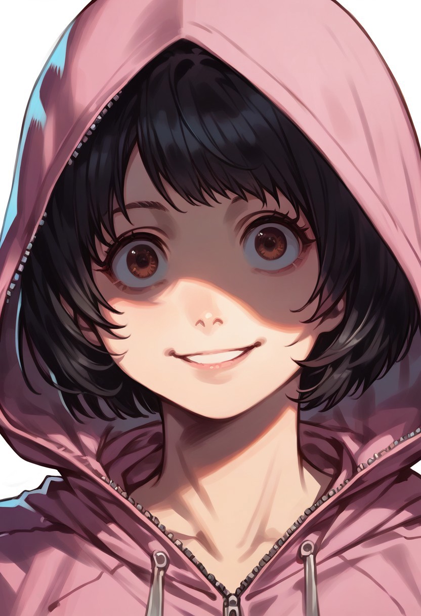 score_9, score_8_up, score_7_up, HC, sabr1na2, rating_safe, 1girl, solo, detailed eyes, detailed face, open eyes, brown eyes, medium breasts, black hair, bob haircut, medium hair, thin, short pink hoodie with hood and zipper, smile, close up, close-up, closeup, portrait, standing, looking at viewer, simple background, white background, masterpiece, best quality