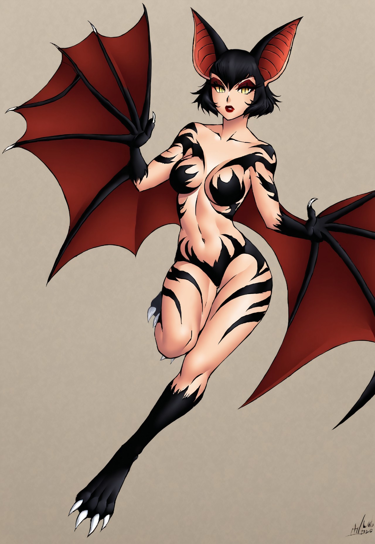 safe_pos, 1girl, bat girl, bat furry, half furry, body painting, bodypaint, bat ears, black fur, black short hair, middle breasts, bat wings, arm wings, yellow eyes, red eyeshadow, red lipstick, claws, nude, sexy, human face, cleavage, nsfw, no bra, slender, vertical slit pupils, animal hands, navel, winged arms