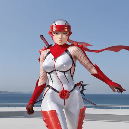 <lora:hibana_pony_v1:.8>  Hibana, 1girl, ninja, bodysuit, armor, fishnets, belt, gloves, large breasts, scarf