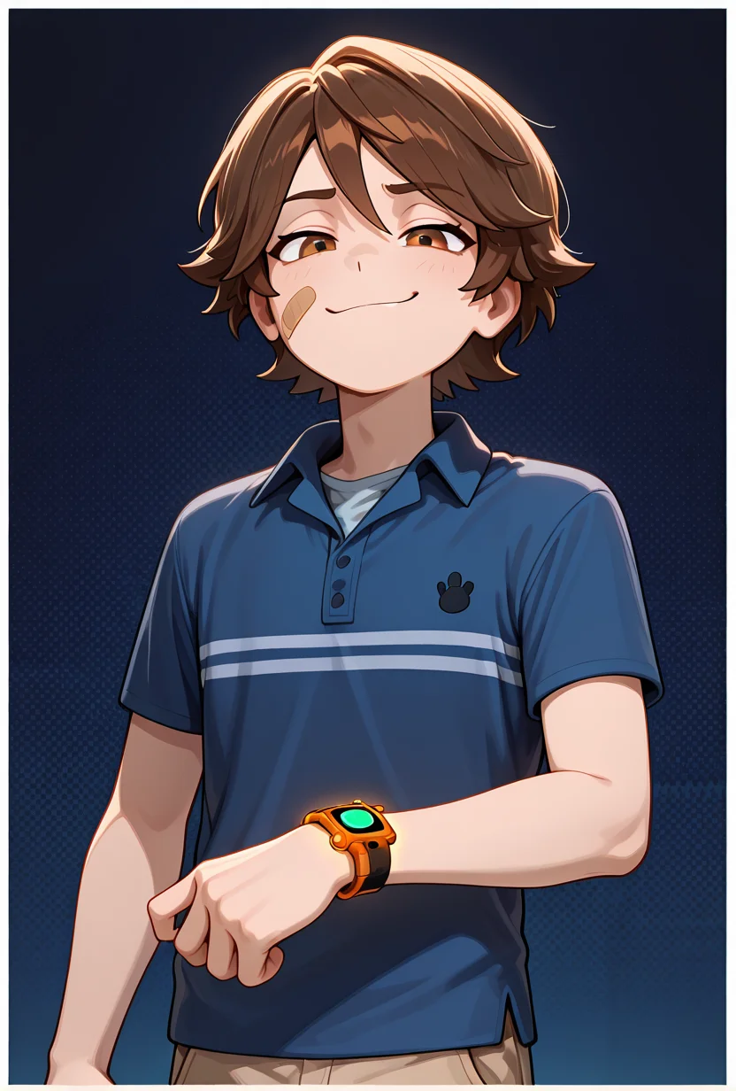 <lora:gregoryfnaf-10:1> gregoryfnaf, blue shirt, brown hair, 1boy, short hair, short sleeves, bandaid on face, brown shorts, collared shirt, polo shirt, orange watch, smug, , dark blue background, showing off watch, watch flex, glowing watch,, masterpiece, best quality, amazing quality, very aesthetic, absurdres, newest,, upper body, halftone effect, white borders, abstract background:1.2,