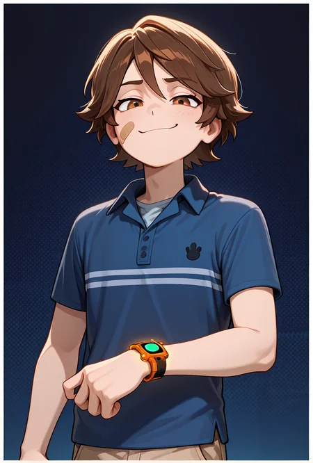 <lora:gregoryfnaf-10:1> gregoryfnaf, blue shirt, brown hair, 1boy, short hair, short sleeves, bandaid on face, brown shorts, collared shirt, polo shirt, orange watch, smug, , dark blue background, showing off watch, watch flex, glowing watch,, masterpiece, best quality, amazing quality, very aesthetic, absurdres, newest,, upper body, halftone effect, white borders, abstract background:1.2,