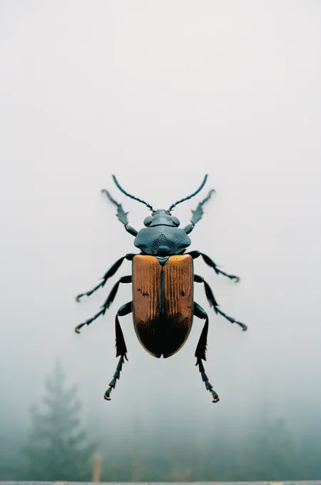 analog photography aesthetic,film grain texture, Click Beetle,Canon EOS M6 Mark II Mirrorless Camera,with a foggy atmosphere in the background,clear complexion,directional light