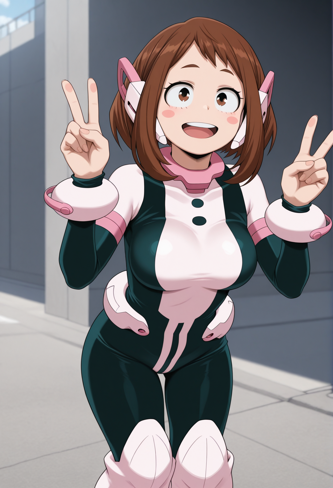 masterpiece, best quality, amazing quality, 1girl, solo, <lora:Illuraraka:1> illuraraka, brown hair, short hair, blush stickers, brown eyes, headgear, bodysuit, smile, double v, cowboy shot, bracelet, outdoors, boots, open mouth,