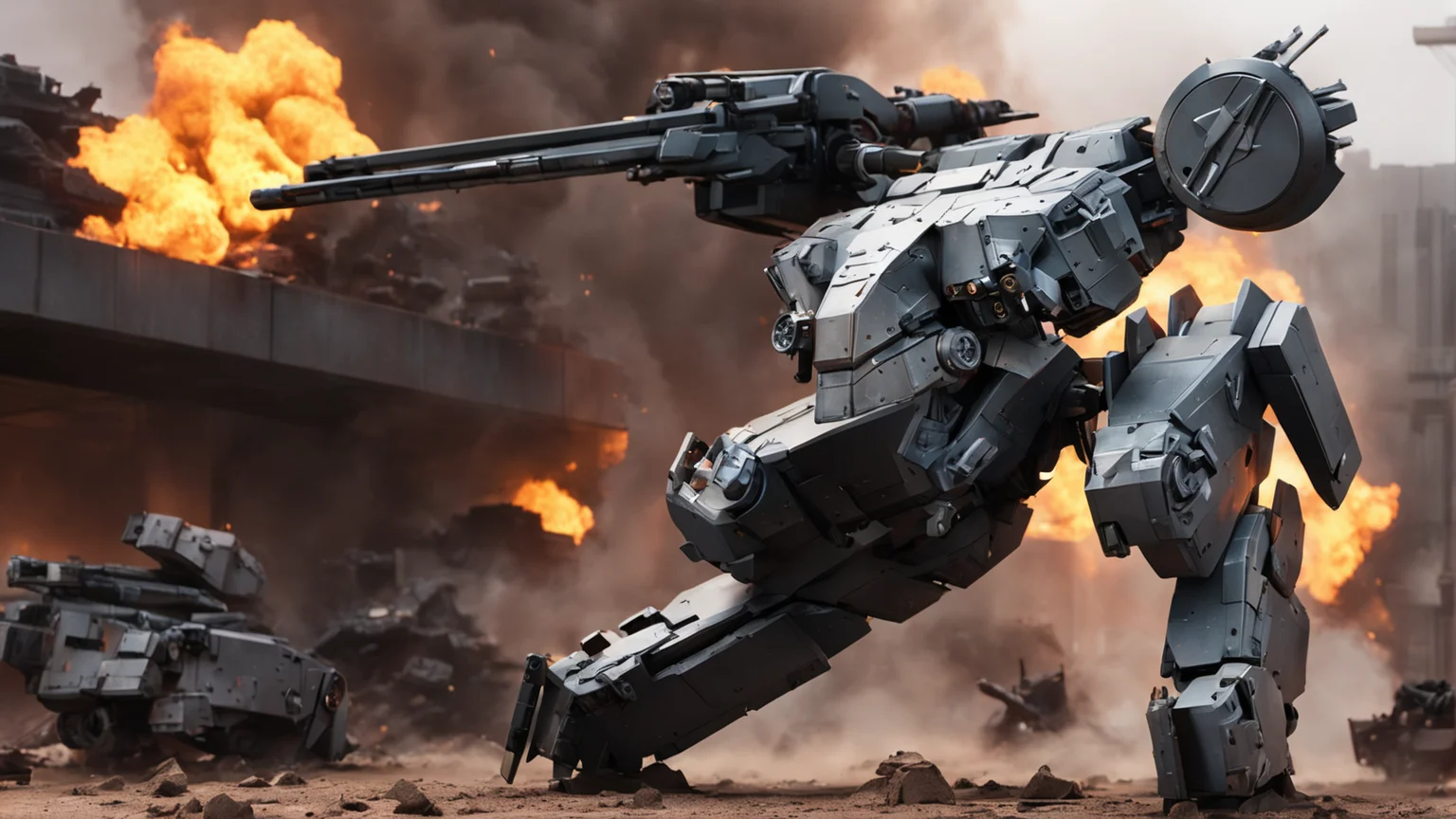 metal gear rex, mecha standing amonst rubble and destruction, surrounded by rubble and flames, raging inferno, mounted railgun and radar, crushing ground vehicle beneath feet, burning buildings in background, billowing smoke, burning red sky, glow effects, rubble and upturned concrete, godrays, Hand drawn, render, 8k, octane render, cinema 4d, blender, dark, atmospheric 4k ultra detailed, cinematic, Sharp focus, big depth of field, Masterpiece, colors, 3d octane render, 4k, concept art, trending on artstation, hyperrealistic, Vivid colors, extremely detailed CG unity 8k wallpaper, trending on CGSociety, Intricate, High Detail, dramatic <lora:mgrex-000004:1>