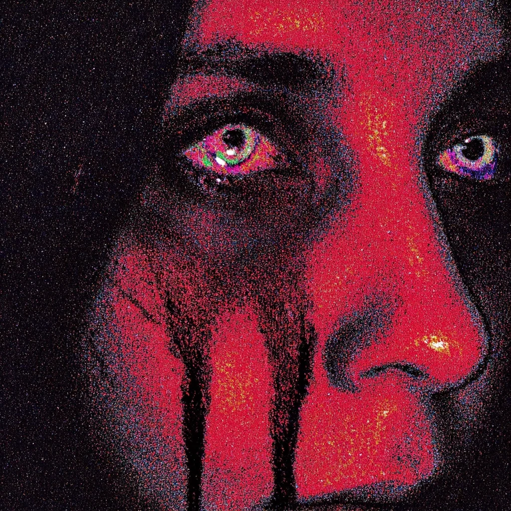 bl33d,  Circuit-bent/glitch art photograph showing a A haunting, up-close image of the woman's eye, reflecting the sadness and the souls of those who have wandered too far. Her pupils are slit like a serpent’s, glowing in the dark. her expression is of the sorrow, and she cries with blood red teras dripping from the eye, leaving bloody trail on her skin. ethereal photo and glowing accents. dark background, centered composition, neon red and burgundy hues, horizontal noise pattern, slight pixelation, moderate digital corruption, 