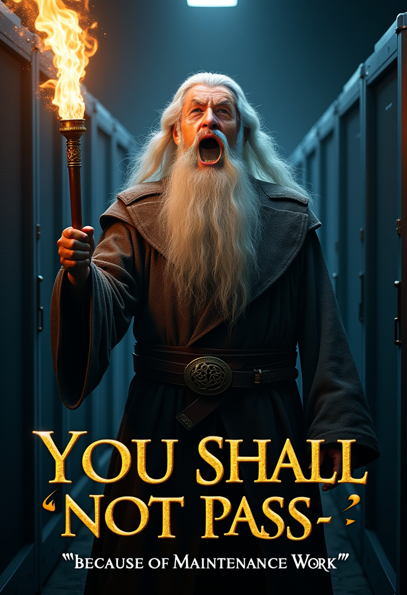 a movie poster with the text:"You shall not pass - because of Maintenance Work!".Gandalf from lord of the rings,screaming, holding his Magic wand.server room background. very detailed, realistic textures