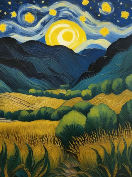 <lora:NatureLandscapePainting01_Hap_XL:1>, score_9, score_8_up, score_7_up, score_7, score_6_up, an oil painting of fantasy in heat, silhouette on Hidden valley, style of van gogh, starry night vibes, expressionism, gloomy, dark tones, unforgettable, dark fantasy, fantasy, emotional depth. (vibrant masterpiece, (8k1.5), UHD, very detailed, high-quality, best artist, sharp edges, detailed textures, full view, atmospheric lighting, stunning visuals),