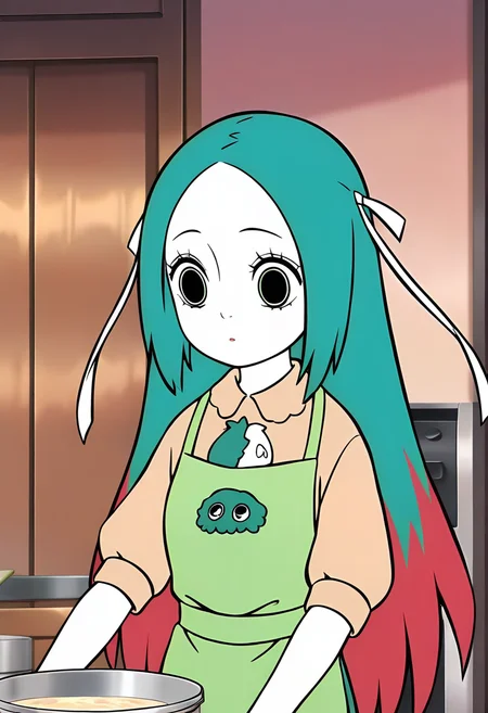 <lora:jingwei:1>,jingwei,1girl,solo,long hair,multicolored hair,red hair,green hair,hair ribbon,white ribbon,black_pulpil,white skin,
 green apron, shirt,, masterpiece,best quality,amazing quality,absurdres, anime screenshot,