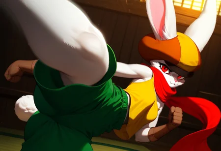 score_9, score_8_up, score_7_up, 1girl, solo, Expressiveh, (Sorrel, Sorrel, bunny girl, furry, anthro, headwear, orange and brown cap, hat, bunny ears, red eyes, pink nose, red scarf, yellow shirt, green shorts, brown gloves), female focus, dojo, indoors, morning, (kicking, kicking at viewer), detailed background, 4k, masterpiece, best quality, highly detailed, realistic