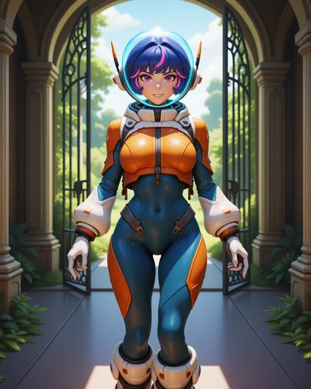 wide shot, looking at viewer, outdoors daylight, 20 year old woman, Adventurous with a spark in the eyes, a bold smile, and a confident stance.
<lora:Overwatch_-_Juno_v2-000030:1> o-juno a 20 year old adult woman with purple eyes and multicolored hair with bangs
a young woman with short blue hair and pink highlights, wearing a form-fitting blue and orange space suit with a transparent, blue-tinted helmet, white gloves, and oversized white boots with orange accents,
A woman stands in front of a tall, wrought-iron gate, her hand resting lightly on the cold metal as she gazes into the overgrown garden beyond.