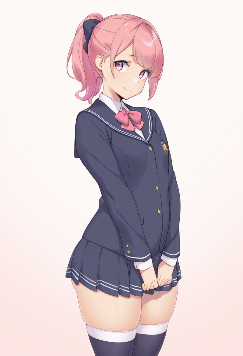 masterpiece, best quality,
 <lora:Uno_Makoto:1> Un0 M4k0t0, 1girl, solo,standing,looking at viewer, happy, closed mouth,pink hair, ponytail, pink eyes,school uniform, bow, long sleeves, skirt, skindentation, thighhighs,