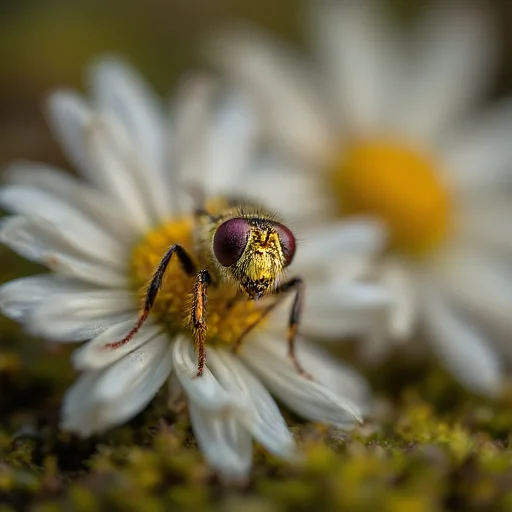 close-up photograph of a bee, with a shallow depth of field that blurs the background, white petals of the daisy, shaded area. The moss, ethereal glow and creating a soft halo effect around the edges., creating a sense of depth and texture., almost iridescent sheen, macro photograph of a fly perched on a flower. The image is in sharp focus, almost contemplative expression.