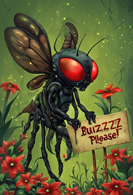 Giant alien housefly surrounded by surreal alien flowers, holding a sign which reads: “Buzzz Please!”
alienworld
buzz