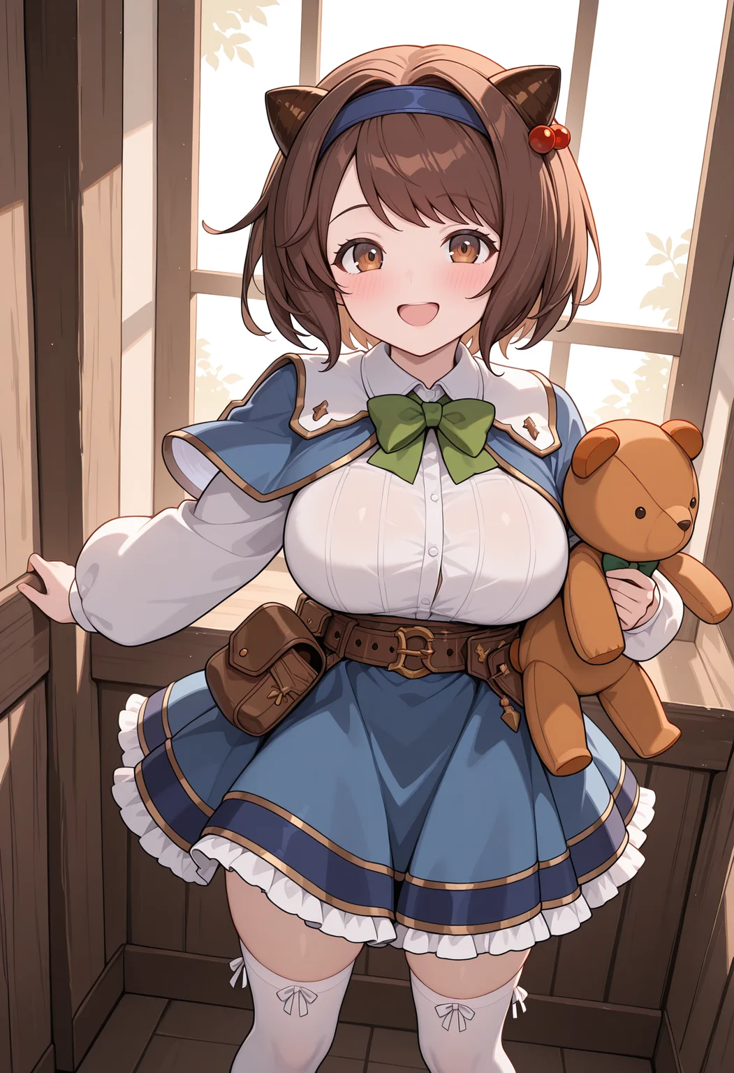 highres, best quality, masterpiece, indoors,
1girl, solo, gbfyaia, brown hair, short hair, hairband, draph, brown eyes, large breasts,
yaiadef, blue hairband, hair bobbles, blue capelet, white shirt, white sleeves, long sleeves, green bowtie, belt, pouch, blue skirt, white thighhighs,
looking at viewer, blush, smile, open mouth,
holding teddy bear, standing, legs apart,
<lora:_yaia_gbf-elesico-ilxl:1>
