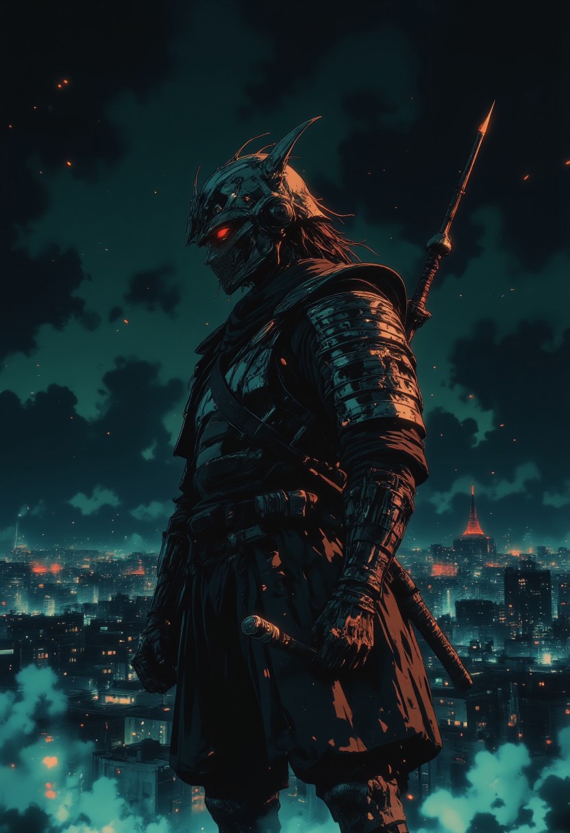 futuristic armor, in a dark futuristic style.The Last Ronin. He appears as a battle-hardened warrior, with scars and a tired but determined look. He wears heavy, battered armor, and crossed katanas behind his back. Thick smoke swirls around it, creating an atmosphere of mystery and tension. In the distance, a neon city can be seen on the horizon, illuminating the dark night and adding a futuristic contrast to its image