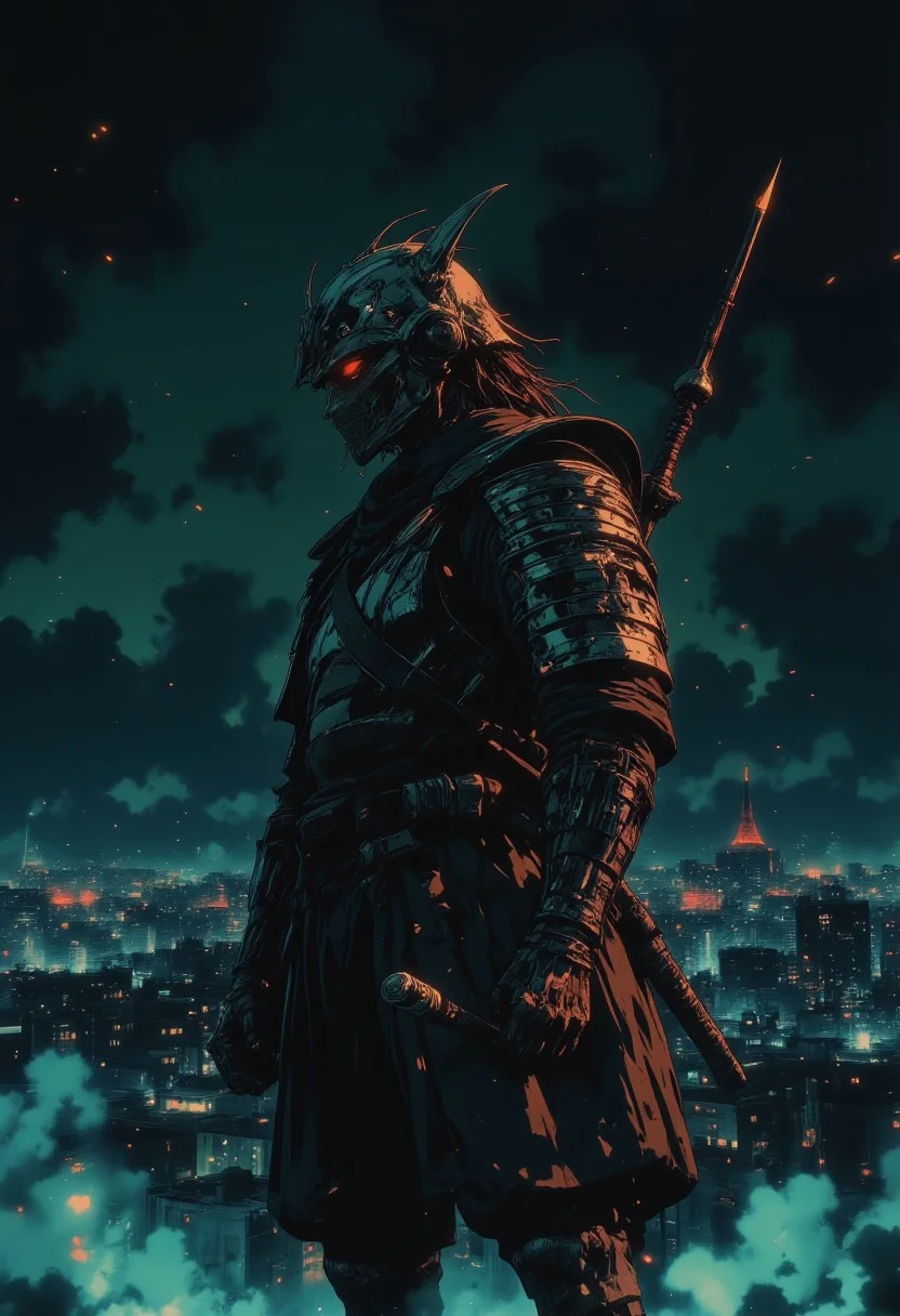 futuristic armor, in a dark futuristic style.The Last Ronin. He appears as a battle-hardened warrior, with scars and a tired but determined look. He wears heavy, battered armor, and crossed katanas behind his back. Thick smoke swirls around it, creating an atmosphere of mystery and tension. In the distance, a neon city can be seen on the horizon, illuminating the dark night and adding a futuristic contrast to its image