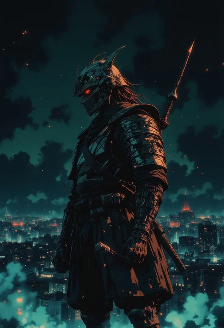 futuristic armor, in a dark futuristic style.The Last Ronin. He appears as a battle-hardened warrior, with scars and a tired but determined look. He wears heavy, battered armor, and crossed katanas behind his back. Thick smoke swirls around it, creating an atmosphere of mystery and tension. In the distance, a neon city can be seen on the horizon, illuminating the dark night and adding a futuristic contrast to its image