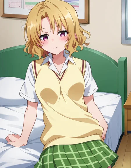score_9, score_8_up, score_7_up, source_anime,
risamomioka, <lora:risa-momioka-darkness-ponyxl-lora-nochekaiser:1>,
risa momioka, short hair, blonde hair, wavy hair, parted bangs, purple eyes,
green skirt, plaid, plaid skirt, sainan high school uniform, school uniform, skirt, sweater vest, thighhighs, yellow sweater, short sleeves, bow, green bow,
indoors, bed, bed room, on side, blush, drunk,
looking at viewer, cowboy shot, dutch angle,